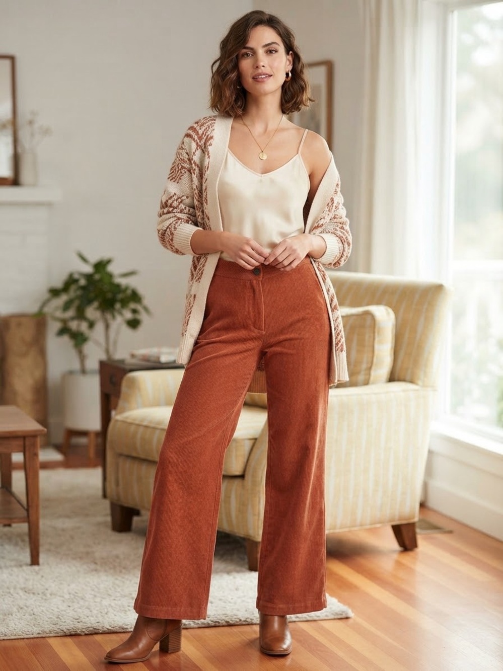 Women’s High-Rise Wide-Leg Corduroy Pants in Rust
